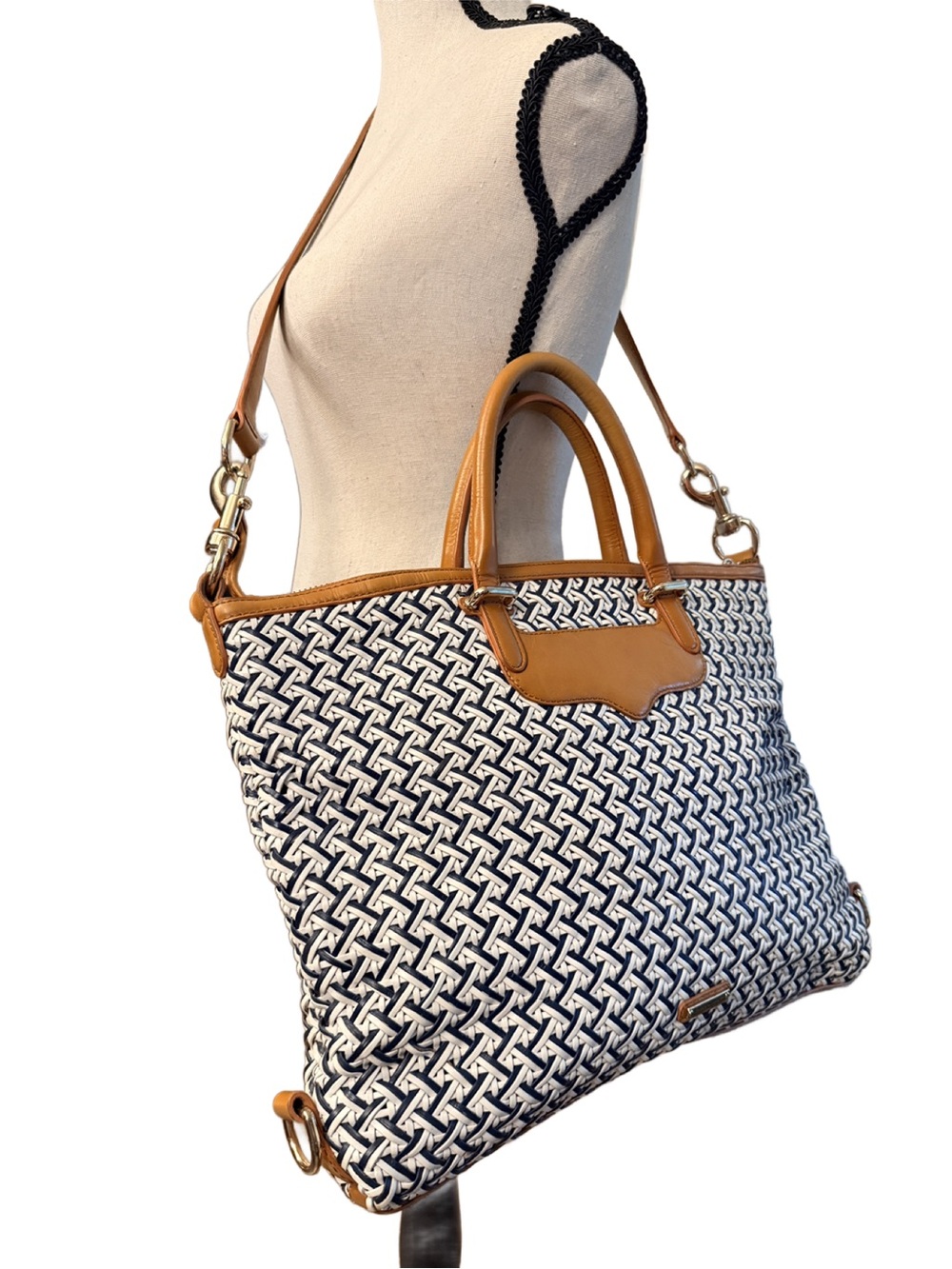 Rebecca Minkoff Woven Navy & White Tote with Tan Leather Trim